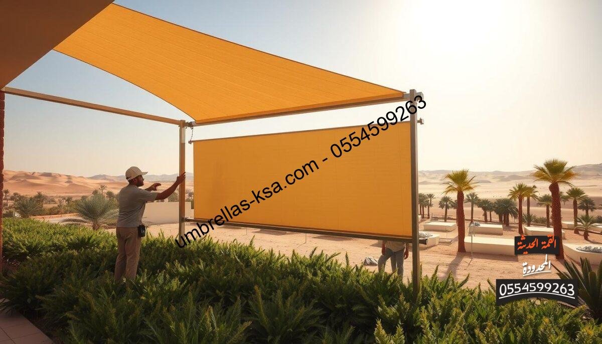 A detailed step-by-step installation of shading screens in a lush, sun-drenched southern Saudi Arabian landscape. The foreground showcases workers carefully assembling the metal frame, meticulously aligning the panels. In the middle ground, the partially completed structure casts a soft, dappled shadow on the vibrant greenery below. The background reveals the expansive desert horizon, dotted with palm trees and a clear, azure sky. Warm, golden sunlight filters through the partially installed screens, creating a serene, inviting atmosphere. The overall scene conveys the technical expertise and precision required to install high-quality shading solutions in the region's climate. A detailed step-by-step installation of shading screens in a lush, sun-drenched southern Saudi Arabian landscape. The foreground showcases workers carefully assembling the metal frame, meticulously aligning the panels. In the middle ground, the partially completed structure casts a soft, dappled shadow on the vibrant greenery below. The background reveals the expansive desert horizon, dotted with palm trees and a clear, azure sky. Warm, golden sunlight filters through the partially installed screens, creating a serene, inviting atmosphere. The overall scene conveys the technical expertise and precision required to install high-quality shading solutions in the region's climate.