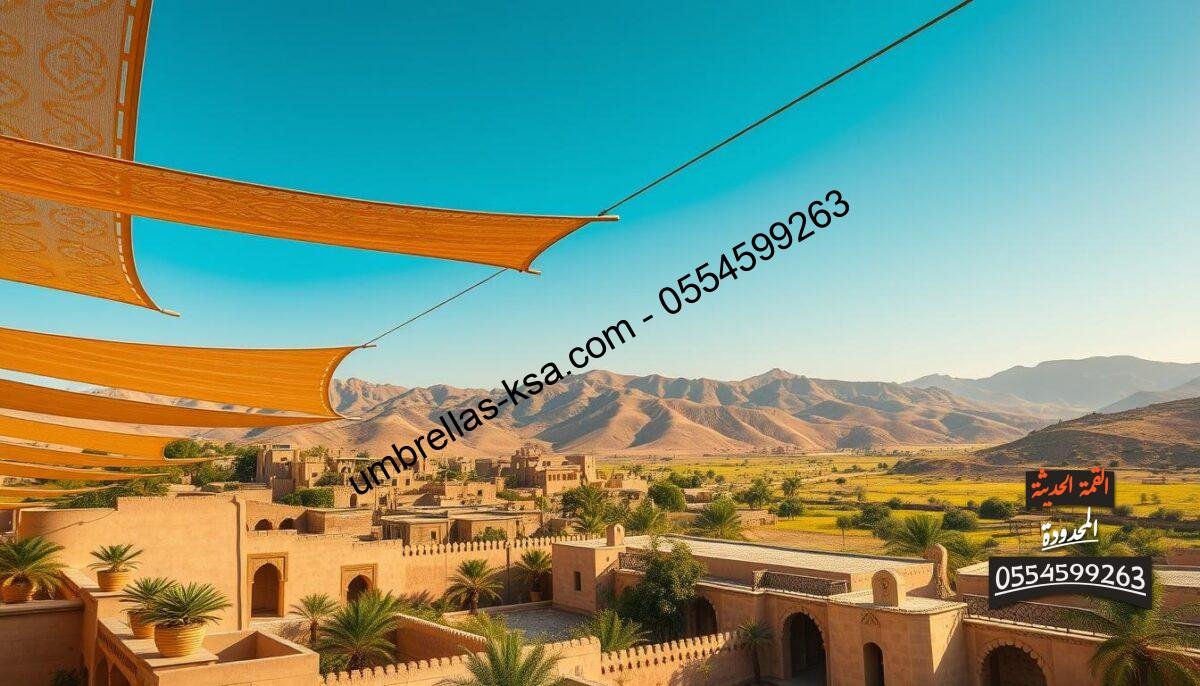 A serene landscape in southern Saudi Arabia, showcasing the picturesque towns of Abha, Jazan, and Najran. The foreground features expertly installed sunscreens, their intricate patterns casting soft shadows across the scene. Middle ground captures the vibrant local architecture, with traditional mud-brick buildings and ornate archways. The background is dominated by lush, rolling hills and a clear, azure sky, bathed in warm, golden light. Crisp, high-resolution photography, with a slight wide-angle lens to capture the grandeur of the setting. The overall atmosphere exudes a sense of tranquility and cultural heritage, highlighting the unique appeal of these destinations for sunscreen installations. A serene landscape in southern Saudi Arabia, showcasing the picturesque towns of Abha, Jazan, and Najran. The foreground features expertly installed sunscreens, their intricate patterns casting soft shadows across the scene. Middle ground captures the vibrant local architecture, with traditional mud-brick buildings and ornate archways. The background is dominated by lush, rolling hills and a clear, azure sky, bathed in warm, golden light. Crisp, high-resolution photography, with a slight wide-angle lens to capture the grandeur of the setting. The overall atmosphere exudes a sense of tranquility and cultural heritage, highlighting the unique appeal of these destinations for sunscreen installations.