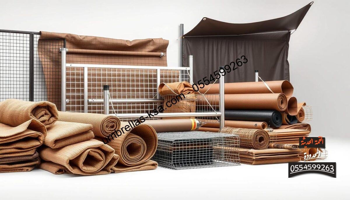 A well-lit studio shot of a diverse selection of sturdy construction materials commonly used in high-quality fences and screens (known as "سواتر" in Arabic). The foreground features thick, durable fabrics and meshes in various earthy tones, arranged neatly. The middle ground showcases robust metal frames and posts in steel and aluminum, highlighting their strength and weatherproofing. In the background, rolls of heavy-duty tarpaulin and shades in subdued colors create a sense of practicality and functionality. The lighting is soft and even, emphasizing the premium quality and reliable nature of these essential "سواتر" materials. A well-lit studio shot of a diverse selection of sturdy construction materials commonly used in high-quality fences and screens (known as "سواتر" in Arabic). The foreground features thick, durable fabrics and meshes in various earthy tones, arranged neatly. The middle ground showcases robust metal frames and posts in steel and aluminum, highlighting their strength and weatherproofing. In the background, rolls of heavy-duty tarpaulin and shades in subdued colors create a sense of practicality and functionality. The lighting is soft and even, emphasizing the premium quality and reliable nature of these essential "سواتر" materials.
