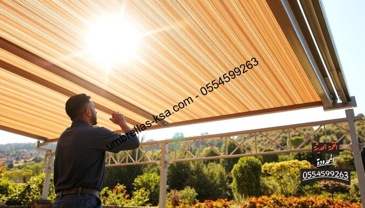A well-maintained shaded canopy, its metal slats glistening under the warm sunlight, stands as the focal point of the image. In the foreground, a worker attentively inspects the mechanisms, ensuring the smooth operation of the retractable system. The middle ground reveals the intricate framework supporting the sturdy structure, while the background showcases the lush greenery and vibrant hues of the surrounding landscape, creating a harmonious and serene setting. The scene conveys a sense of diligence and care, highlighting the importance of proper maintenance for the longevity and functionality of the shaded enclosure. A well-maintained shaded canopy, its metal slats glistening under the warm sunlight, stands as the focal point of the image. In the foreground, a worker attentively inspects the mechanisms, ensuring the smooth operation of the retractable system. The middle ground reveals the intricate framework supporting the sturdy structure, while the background showcases the lush greenery and vibrant hues of the surrounding landscape, creating a harmonious and serene setting. The scene conveys a sense of diligence and care, highlighting the importance of proper maintenance for the longevity and functionality of the shaded enclosure.