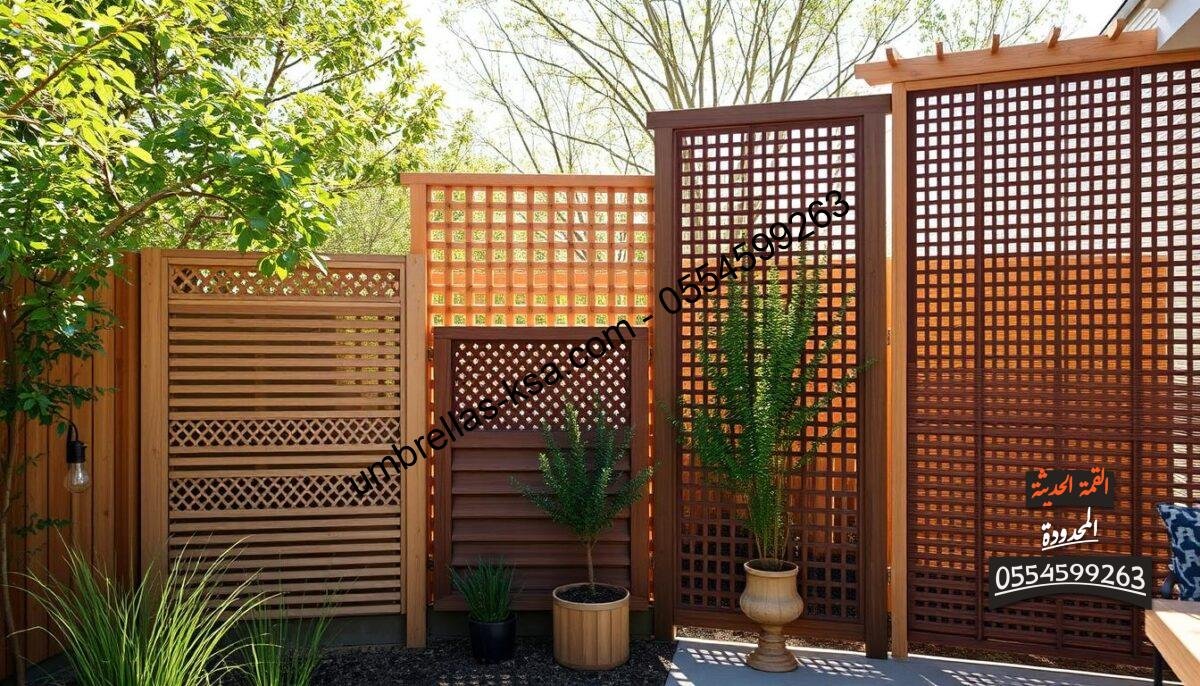 Diverse designs for modern outdoor privacy screens in a serene, sun-dappled setting. A variety of slatted wooden fences and lattice structures in warm, natural tones create a harmonious visual landscape. The screens feature intricate patterns and geometric designs, casting soft shadows and adding visual interest. The scene is bathed in gentle, diffused sunlight, creating a calming, inviting atmosphere. Carefully positioned to provide privacy while maintaining an open, airy feel. The designs seamlessly blend function and aesthetic, showcasing the versatility and beauty of these practical yet stylish privacy solutions. Diverse designs for modern outdoor privacy screens in a serene, sun-dappled setting. A variety of slatted wooden fences and lattice structures in warm, natural tones create a harmonious visual landscape. The screens feature intricate patterns and geometric designs, casting soft shadows and adding visual interest. The scene is bathed in gentle, diffused sunlight, creating a calming, inviting atmosphere. Carefully positioned to provide privacy while maintaining an open, airy feel. The designs seamlessly blend function and aesthetic, showcasing the versatility and beauty of these practical yet stylish privacy solutions.
